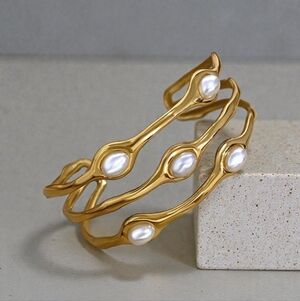 Gold-Tone Stainless Steel Pearl Branch Cuff Bracelet – Open Waterproof Bangle